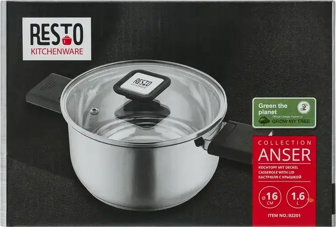 RESTO 92201 Anser Stainless Steel Saucepan with Glass Lid, 1.6L, 16cm, Induction Compatible Professional Cookware, Grey