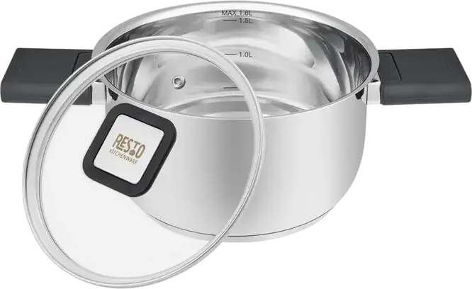 RESTO 92201 Anser Stainless Steel Saucepan with Glass Lid, 1.6L, 16cm, Induction Compatible Professional Cookware, Grey