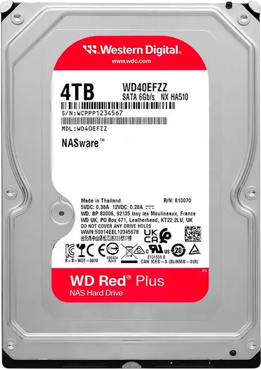Hard Disk Intern NAS Western Digital WD Red Plus 4 TB 3.5 inch, SATA 6 Gb/s, Tehnologie CMR, NASware 3.0, Workload 180 TB/an, MTBF 1.000.000 ore