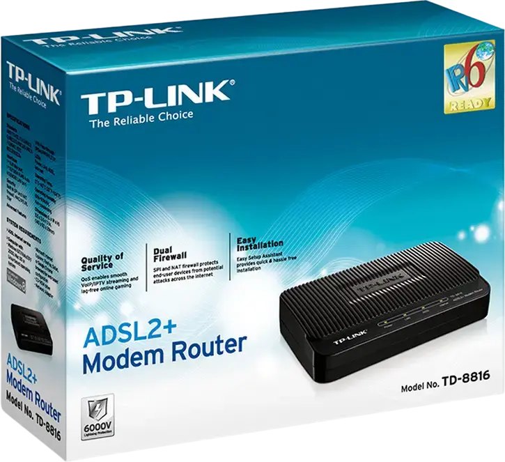 TP-Link TD-8816 ADSL2+ Modem Router, 24 Mbps Downstream, IPv6 Support, QoS, SPI Firewall, 10/100Mbps RJ45 Port, Black