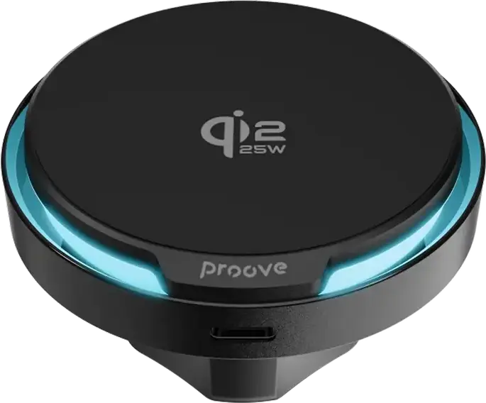 Proove Spark Qi2.2 Wireless Car Phone Holder, 25W Fast Charging, Active Cooling System, Magnetic Ring, Air Vent Mount, USB-C, Black, ABS + PC
