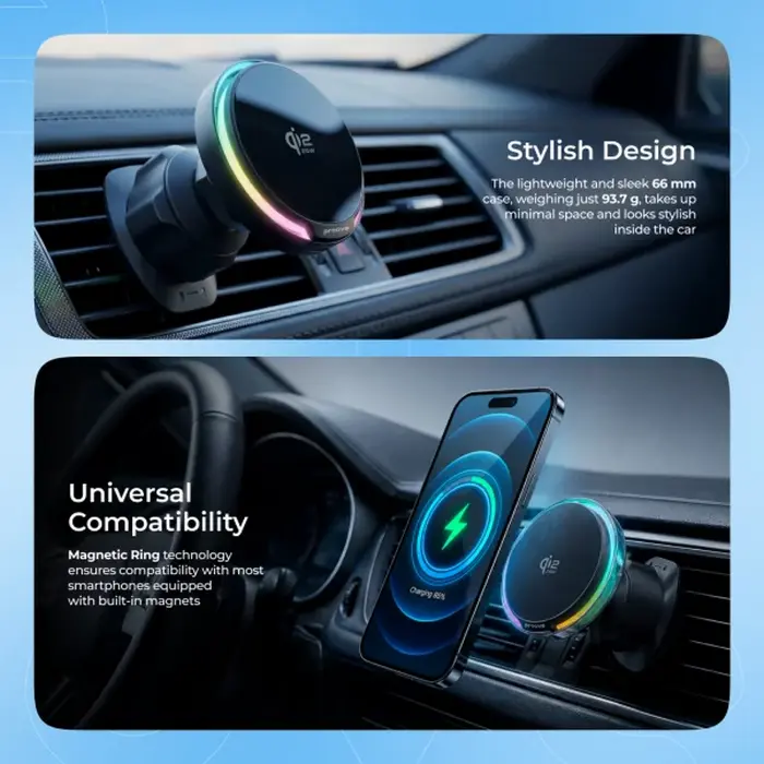 Proove Spark Qi2.2 Wireless Car Phone Holder, 25W Fast Charging, Active Cooling System, Magnetic Ring, Air Vent Mount, USB-C, Black, ABS + PC