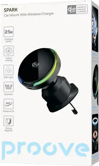 Proove Spark Qi2.2 Wireless Car Phone Holder, 25W Fast Charging, Active Cooling System, Magnetic Ring, Air Vent Mount, USB-C, Black, ABS + PC
