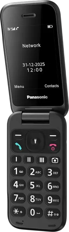 Telefon Flip Panasonic KX-TF600 4G LTE VoLTE, Ecran TFT LCD 2.8 inchi, nano-SIM, microSD, Bluetooth 5.0, USB Type-C, Rezistenta IP44, Negru