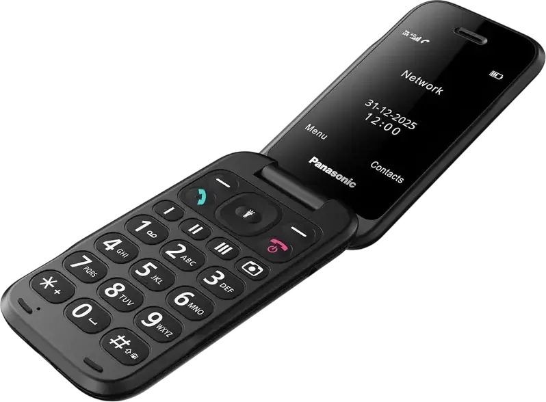 Telefon Flip Panasonic KX-TF600 4G LTE VoLTE, Ecran TFT LCD 2.8 inchi, nano-SIM, microSD, Bluetooth 5.0, USB Type-C, Rezistenta IP44, Negru