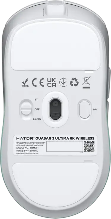 Mouse Gaming HATOR Quasar 3 Ultima 8K Wireless, Alb/Mentă, PixArt PAW 3950 30,000 DPI, Rata de Polling 8000Hz, Switch-uri Optice, Greutate 52g, Conectivitate Tri-Mode