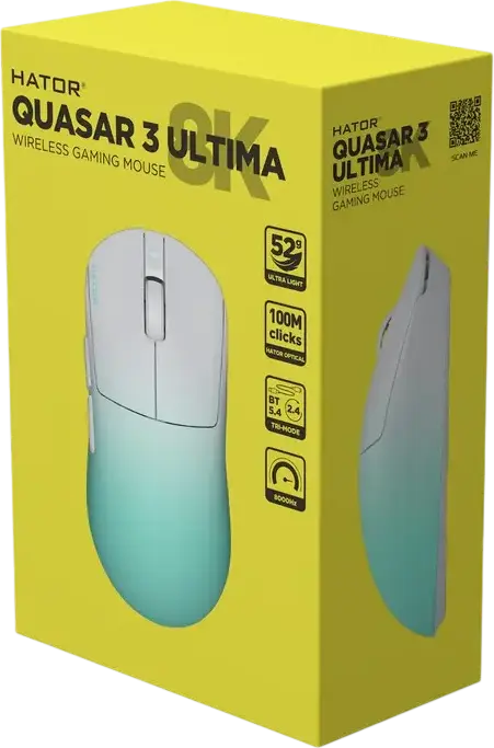 Mouse Gaming HATOR Quasar 3 Ultima 8K Wireless, Alb/Mentă, PixArt PAW 3950 30,000 DPI, Rata de Polling 8000Hz, Switch-uri Optice, Greutate 52g, Conectivitate Tri-Mode