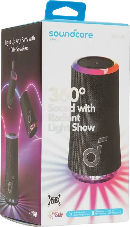 Boxa Portabila Anker SoundCore Glow Bluetooth, 30W RMS, Sunet 360 Grade, Rezistenta IP67, Baterie 18h, PartyCast 2.0, Spectacol Lumini LED, Negru