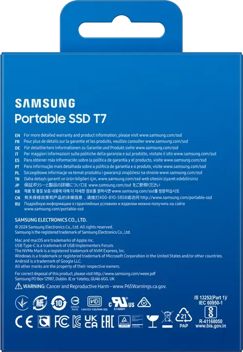 Samsung T7 Portable External SSD MU-PC4T0T/WW 4TB NVMe USB 3.2 Gen 2 Up to 1050MB/s Read 1000MB/s Write AES 256-bit Encryption Titan Gray