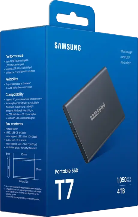 Samsung T7 Portable External SSD MU-PC4T0T/WW 4TB NVMe USB 3.2 Gen 2 Up to 1050MB/s Read 1000MB/s Write AES 256-bit Encryption Titan Gray
