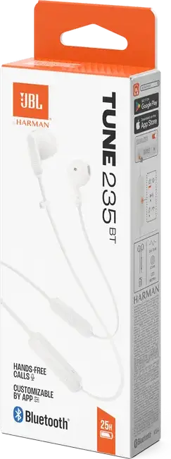 JBL Tune 235BT Wireless Neckband Earbuds - White, with Pure Bass Sound, Bluetooth Connectivity, 25h Battery Life and Hands-Free Call Management