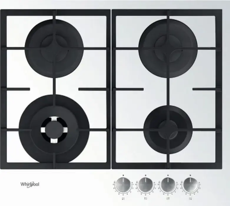 Газовая варочная панель Whirlpool GOFL 629/WH для встраивания, 4 конфорки с мощным горельником 3.5кВт, закаленное стекло, чугунные решетки, газ-контроль, белая, 59см