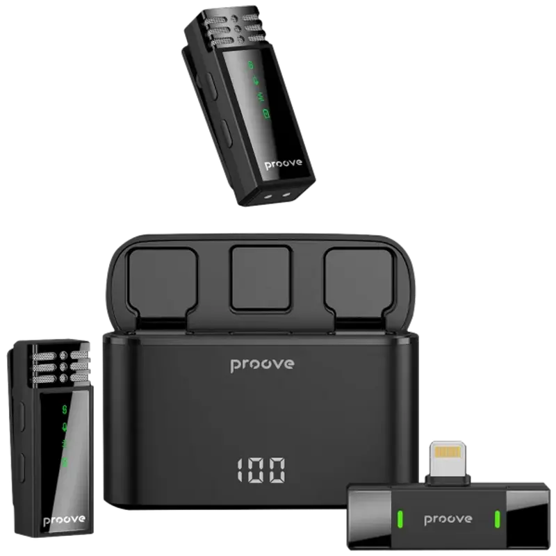 Microfon portabil pentru înregistrare vocală Proove Record Lightning, Fără fir, Negru