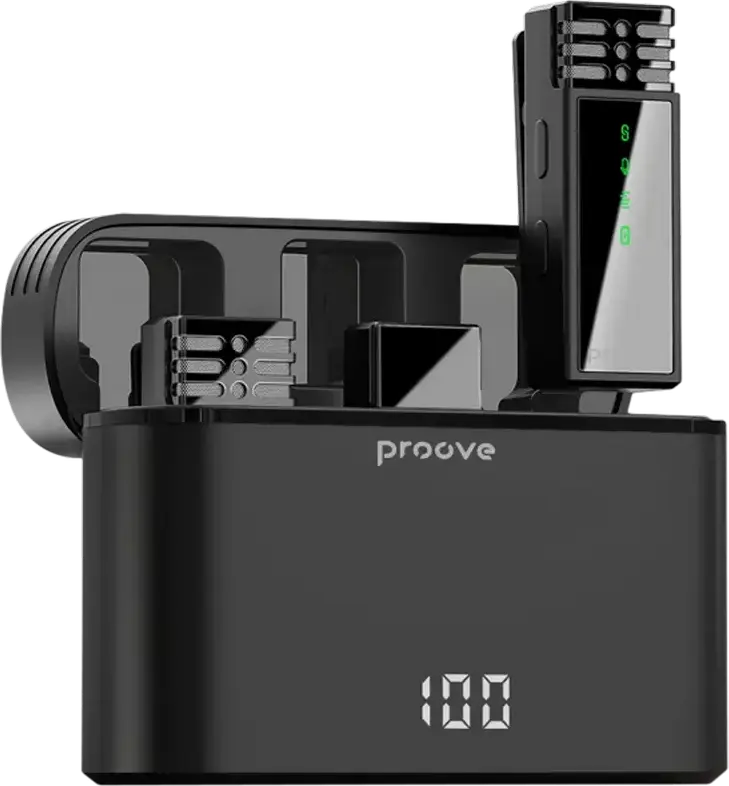 Proove Record Lightning Wireless Lavalier Microphone, Omnidirectional Condenser, 20Hz-20kHz, 20m Range, with LED Charging Case, Black