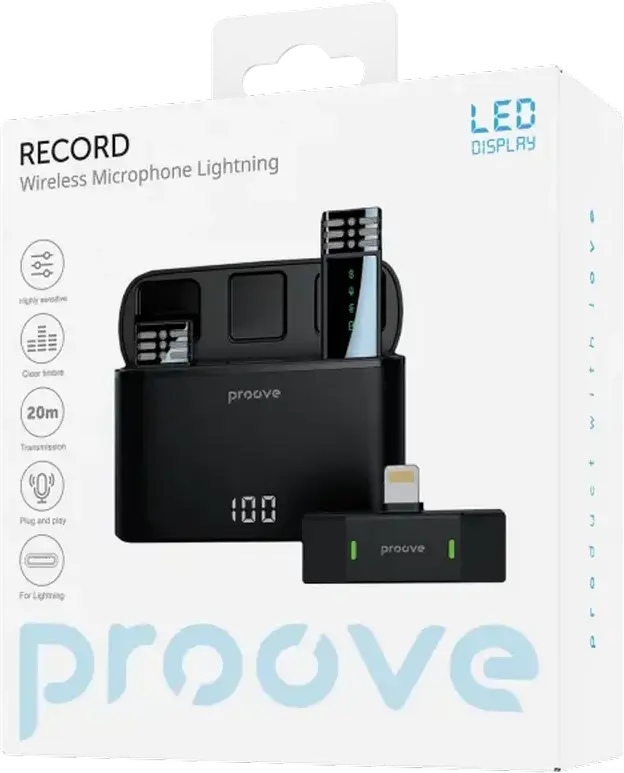 Proove Record Lightning Wireless Lavalier Microphone, Omnidirectional Condenser, 20Hz-20kHz, 20m Range, with LED Charging Case, Black