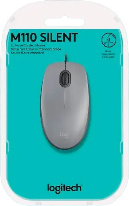 Mouse Optic cu Fir Logitech M110 Silent, Interfata USB, 1000 DPI, 3 Butoane, Design Ambidextru Full-size, Reducere Zgomot 90%, Cablu 1.8m, Gri