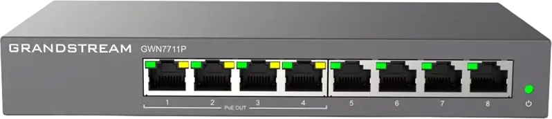 Switch de retea Grandstream GWN7711P Layer 2 Lite Managed, 8 Porturi Gigabit Ethernet, 4 Porturi PoE 802.3af/at, Buget 60W, Gestionare Cloud, Fara ventilator