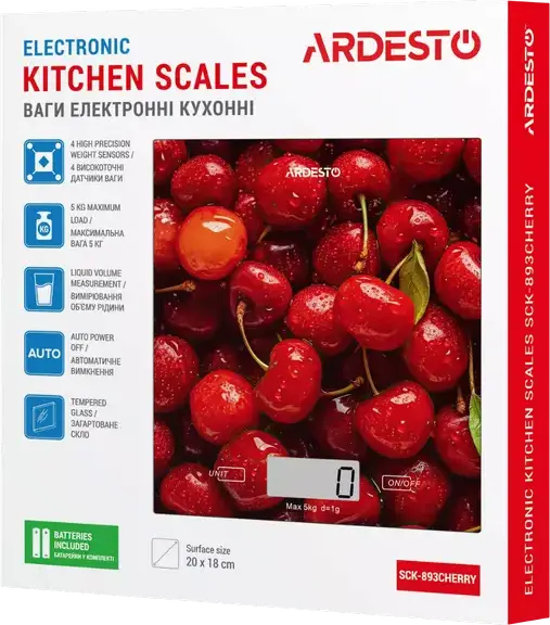 Ardesto SCK-893 Electronic Kitchen Scale, Tempered Glass Platform, 5kg Capacity, 1g Precision, LED Display, Tare Function, Auto-off, 21x19x3 cm