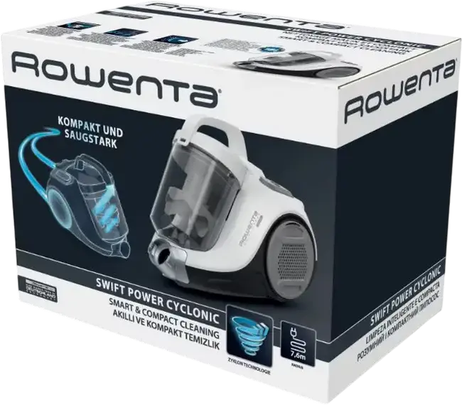 Rowenta RO2957EA Swift Power Cyclonic Bagless Cylinder Vacuum Cleaner, 750W, 2100W Suction, 1.2L Dust Container, HEPA Filter, Telescopic Tube, White/Grey