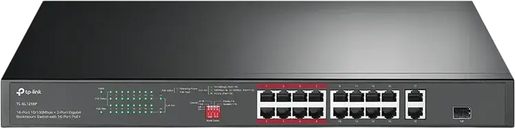 Сетевой коммутатор TP-Link TL-SL1218P неуправляемый PoE+ Rackmount, 16 портов 10/100 Мбит/с PoE, 2 гигабитных порта Uplink, 1 слот SFP, бюджет 150-172.8 Вт