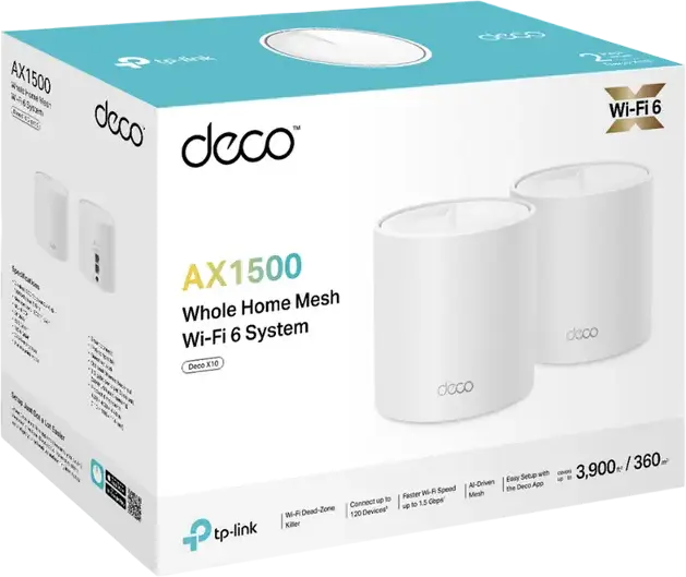 Sistem Mesh Wi-Fi 6 TP-Link Deco X10 AX1500 pentru intreaga casa, Dual-Band 1500 Mbps, MU-MIMO, OFDMA, pana la 120 de dispozitive, 2 porturi Gigabit, Alb