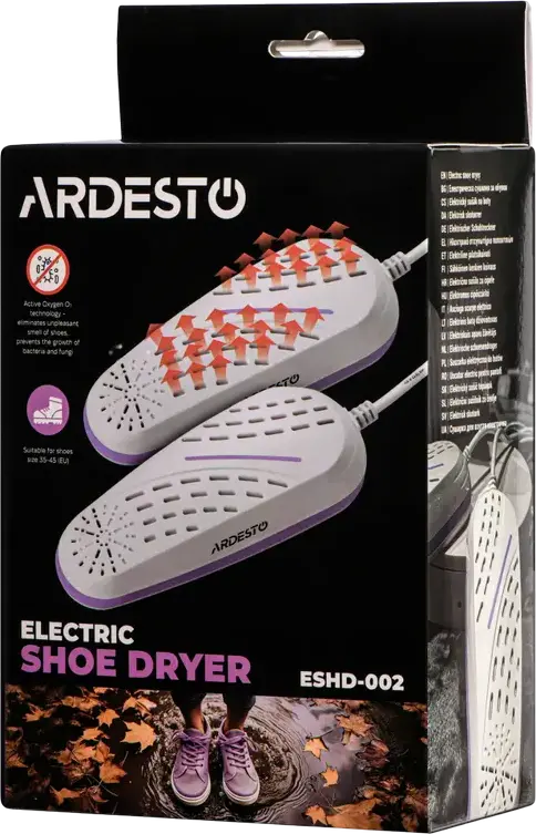 Ardesto ESHD-002 Electric Shoe Dryer with Active Oxygen O3 Ozone Technology, 10W, 55-60°C Heating, Automatic Shut-off, Size 35-45