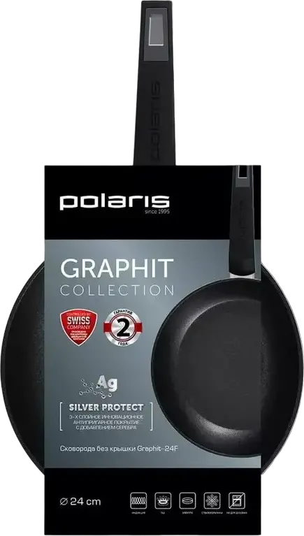 Сковорода Polaris Graphit-24F из кованого алюминия, 24 см, антипригарное покрытие Silver Protect, для индукционных плит, бакелитовая ручка, графит