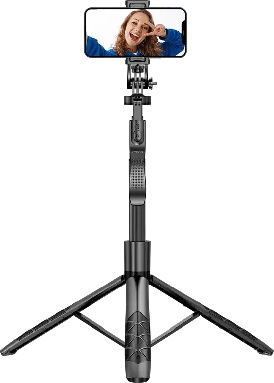Proove MegaStick Selfie Stick Tripod, 153 cm Max Length, Aluminum Alloy and ABS, Bluetooth Remote, 360-degree Rotation, Hand Stabilizer, Black