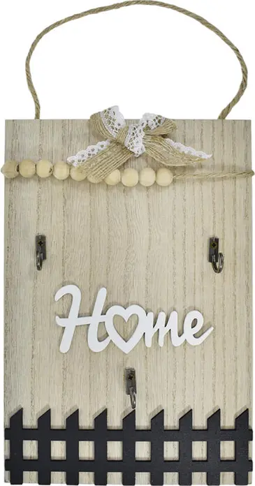 Wooden Wall-Mounted Key Holder with 3 Metal Hooks, Home Decoration with 3D Lettering, Heart, Picket Fence, Jute Rope and Lace Bow