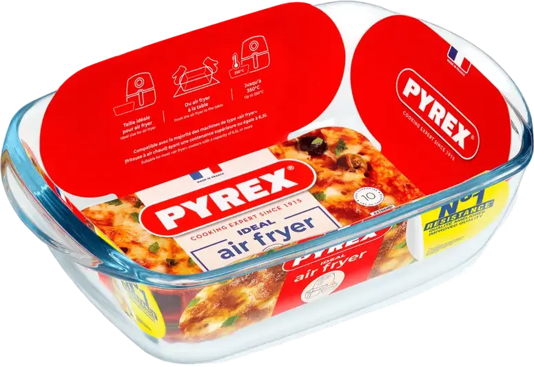 Tava Pyrex 215B100 AirFryer Rectangulara din Sticla Borosilicata, 1.2L, Rezistenta la Soc Termic, Compatibila cu Cuptor si Cuptor cu Microunde