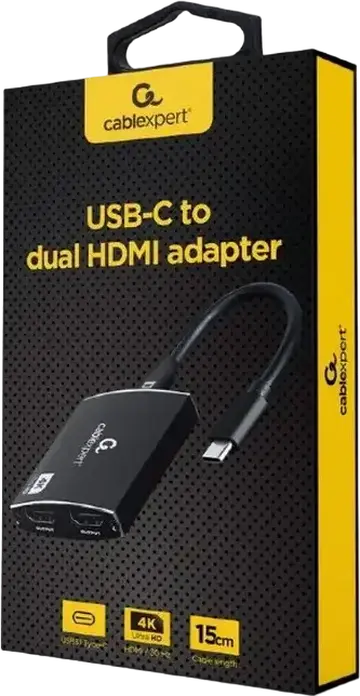 Adaptor Cablexpert A-CM-HDMIF2-01 USB-C la Dual HDMI, Extensie Ecran Dublu 4K x 2K @ 30Hz, USB 3.1 Type-C Female la 2x HDMI Female, 0.15m, Negru
