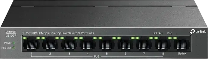 PoE+ коммутатор TP-Link LiteWave LS109P, 9 портов 10/100Мбит/с, 8 портов PoE+, бюджет 63Вт, режим Extend до 250м, металлический корпус, безвентиляторный