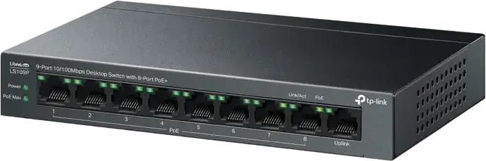 PoE+ коммутатор TP-Link LiteWave LS109P, 9 портов 10/100Мбит/с, 8 портов PoE+, бюджет 63Вт, режим Extend до 250м, металлический корпус, безвентиляторный