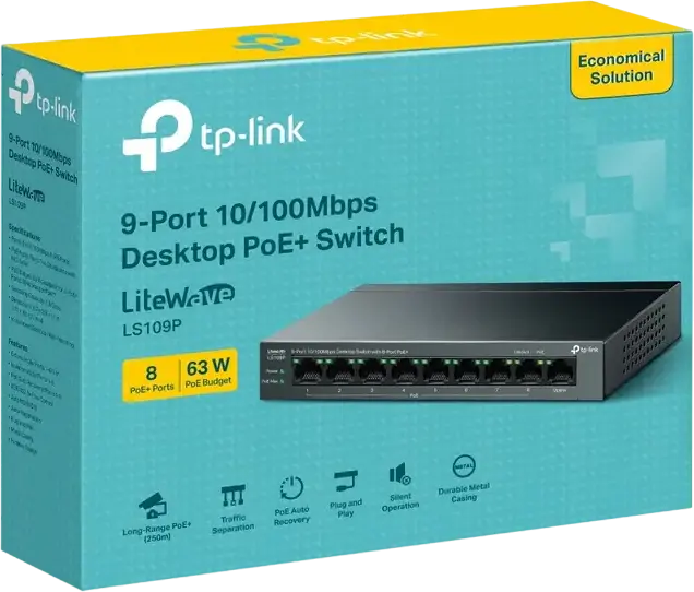 PoE+ коммутатор TP-Link LiteWave LS109P, 9 портов 10/100Мбит/с, 8 портов PoE+, бюджет 63Вт, режим Extend до 250м, металлический корпус, безвентиляторный