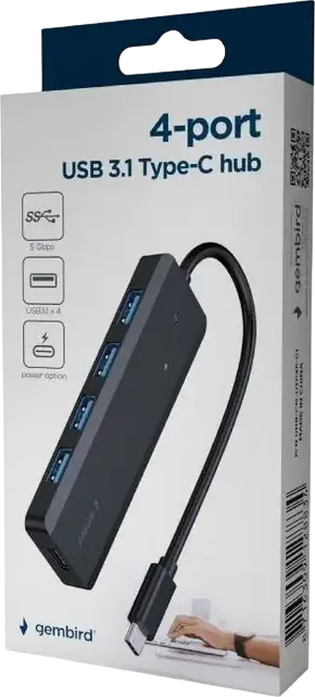 Gembird UHB-CM-U3P4P-01 USB 3.1 Gen 1 Type-C Hub, 4-Port USB Type-A, 5 Gbps Data Transfer, Power Input Port, ABS Plastic, Black, Windows 11 Compatible