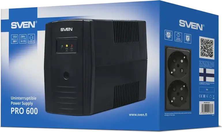 SVEN Pro 600 Line-Interactive UPS, 600VA / 360W, Built-in AVR, 2 x Schuko Sockets, Sinusoidal Output, Surge Protector, Black
