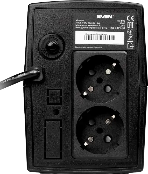 SVEN Pro 600 Line-Interactive UPS, 600VA / 360W, Built-in AVR, 2 x Schuko Sockets, Sinusoidal Output, Surge Protector, Black