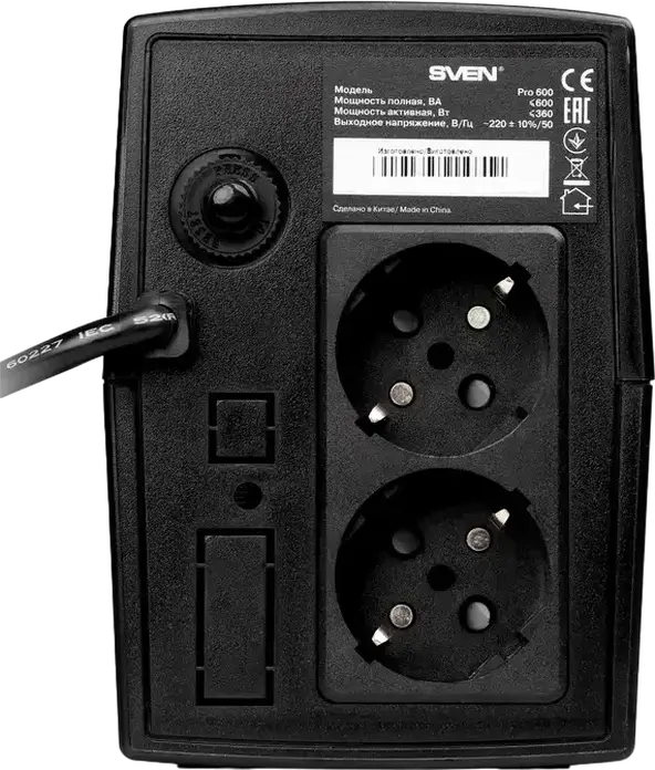 SVEN Pro 600 Line-Interactive UPS, 600VA / 360W, Built-in AVR, 2 x Schuko Sockets, Sinusoidal Output, Surge Protector, Black