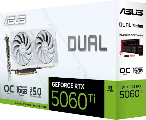 ASUS Dual GeForce RTX 5060 Ti 16GB GDDR7 White DUAL-RTX5060TI-O16G-WHITE Graphics Card, PCI-E 5.0, 2632 MHz Boost, DLSS 4, Ray Tracing