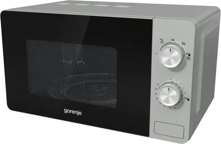 Cuptor cu microunde solo Gorenje MO17E1W, Capacitate 17L, Putere 700W, 5 Nivele de Putere, Control Mecanic, Interior Email EasyClean, Argintiu