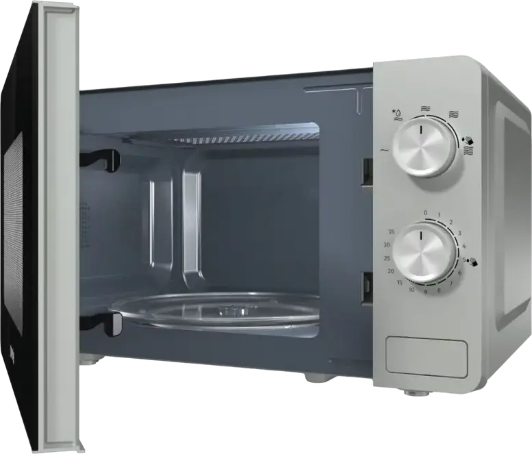 Cuptor cu microunde solo Gorenje MO17E1W, Capacitate 17L, Putere 700W, 5 Nivele de Putere, Control Mecanic, Interior Email EasyClean, Argintiu