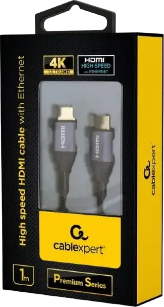 Кабель HDMI 2.0 Cablexpert CCBP-HDMI-1M Premium Series High Speed с Ethernet, 4K UHD @ 60Hz, позолоченные металлические коннекторы, нейлоновая оплетка, 1м, черный