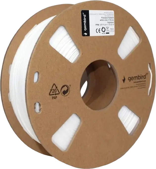 Gembird 3DP-PLA+1.75-02-G 3D Printer Filament PLA+, Color: White, 1.75 mm Diameter, 1 kg Net Weight, 195-235 degrees C Printing Temperature, Recyclable Cardboard Spool