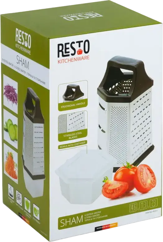 Терка Resto 95413 SHAM из нержавеющей стали с 6 сторонами для терки, эргономичной пластиковой ручкой и контейнером для сбора, Черный