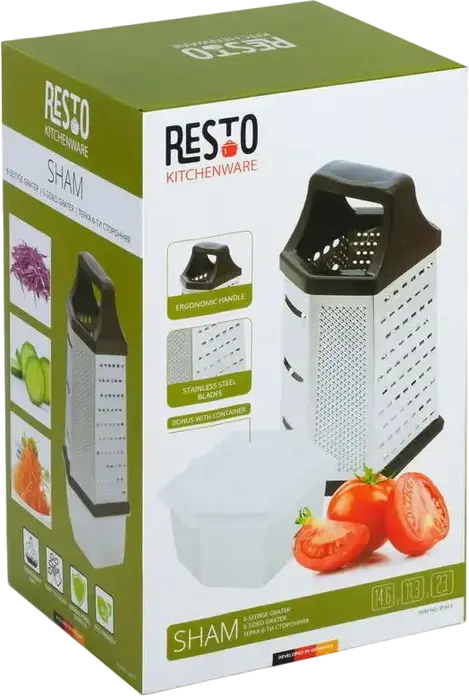 Терка Resto 95413 SHAM из нержавеющей стали с 6 сторонами для терки, эргономичной пластиковой ручкой и контейнером для сбора, Черный