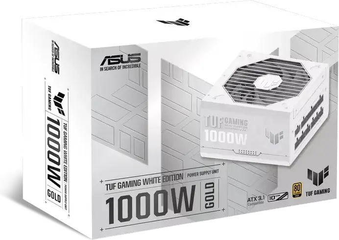 Sursa ASUS TUF Gaming 1000W Gold TUF-GAMING-1000G-WHITE, ATX 3.1, 80 Plus Gold, Complet Modulare, Editie Albă, PFC Activ, Ventilator 135mm Dual Ball Bearing