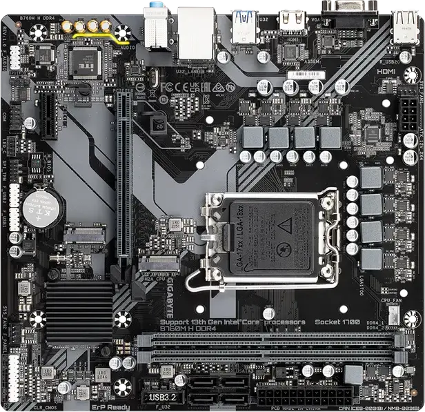 Placa de baza Gigabyte B760M H DDR4 Micro-ATX LGA1700 Chipset Intel B760 pentru Intel Core Gen 12 13 14, 64GB DDR4 3200MHz, PCIe 4.0, 2x M.2 Gen4, HDMI 2.1