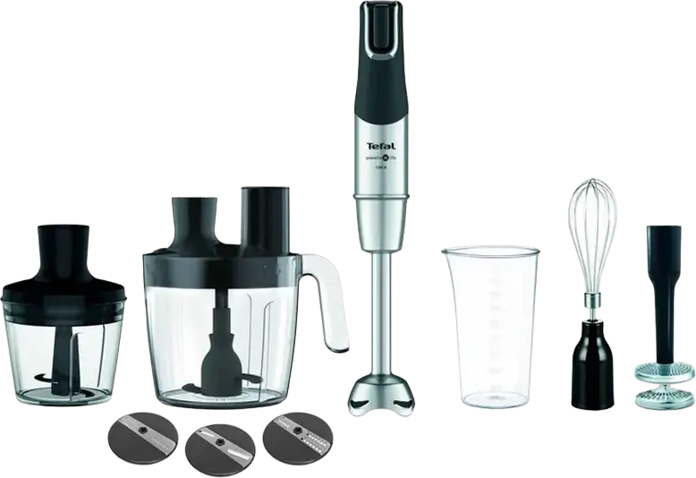 Set Blender Vertical Tefal HB95LD38 InfinyForce Pro 5-in-1, 1200W, Lame Powelix Life Inox, Robot de Bucatarie, Toator, Tel, Negru Argintiu