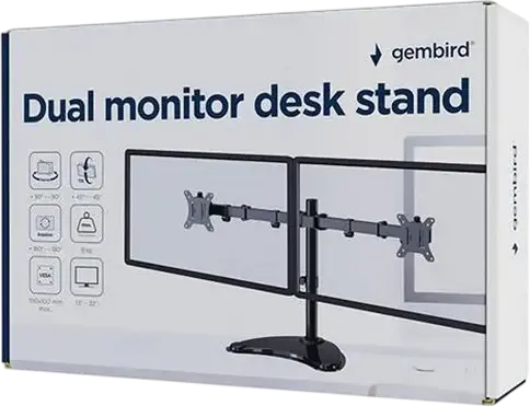 Suport de birou pentru dual monitor Gembird MS-D2ST-02, Side by Side, ecrane 13-32 inch, VESA 75x75 100x100, 8kg per brat, Otel si ABS, Negru