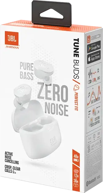 JBL Tune Buds True Wireless Stereo Earbuds, Bluetooth 5.3, Active Noise Cancelling, JBL Pure Bass Sound, IP54 Water Resistant, Up to 48h Playback, White